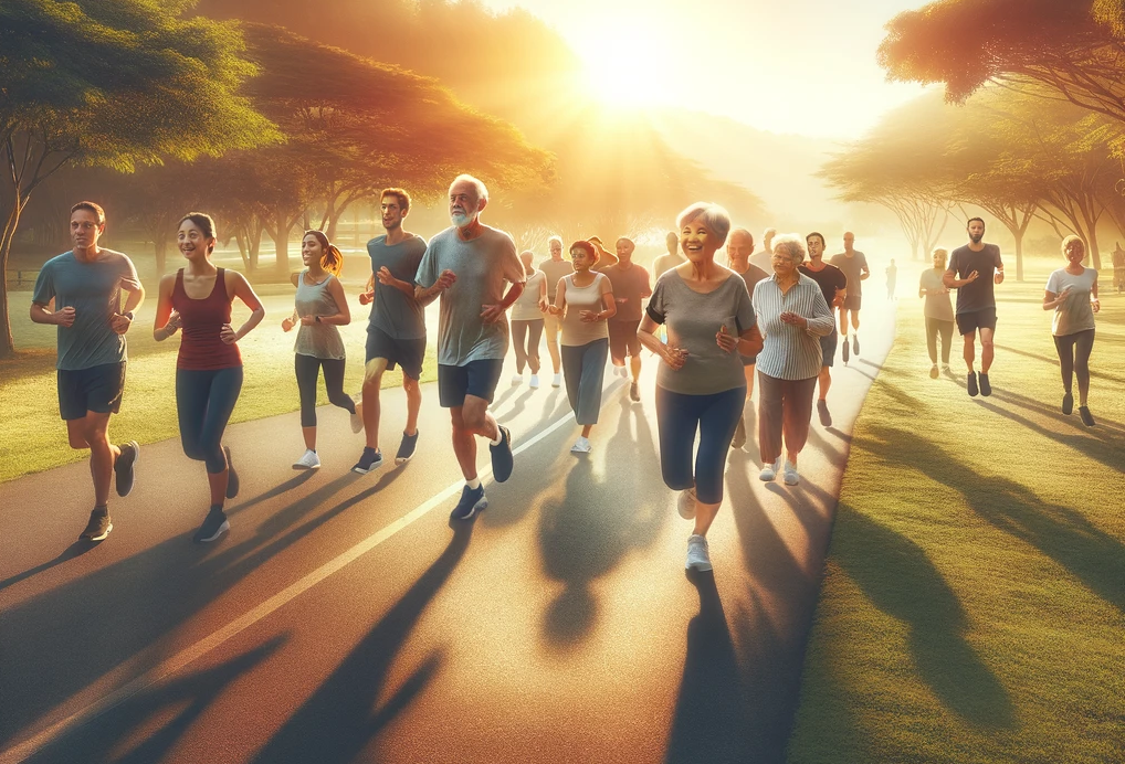 An image accompanying the blog post about how run streaking may help to slow down aging. This image captures the essence of the message, showcasing a diverse group of individuals running together, embodying health, vitality, and the communal pursuit of wellness at every stage of life.