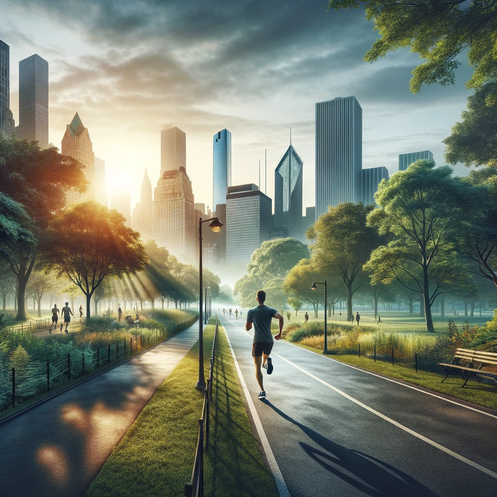The image captures a perfect balance between activity and tranquility, featuring a single runner energetically jogging in a city park that borders both urban and natural landscapes, with the morning sun casting a gentle light over the scene.