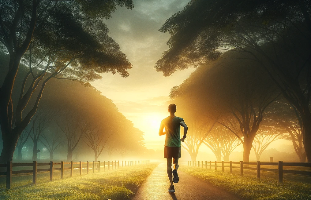 A serene morning scene capturing the essence of starting a run streak. It visualizes the serene morning scene with a runner embarking on their journey, highlighting the themes of consistency, flexibility, and personal growth through the habit of run streaking.