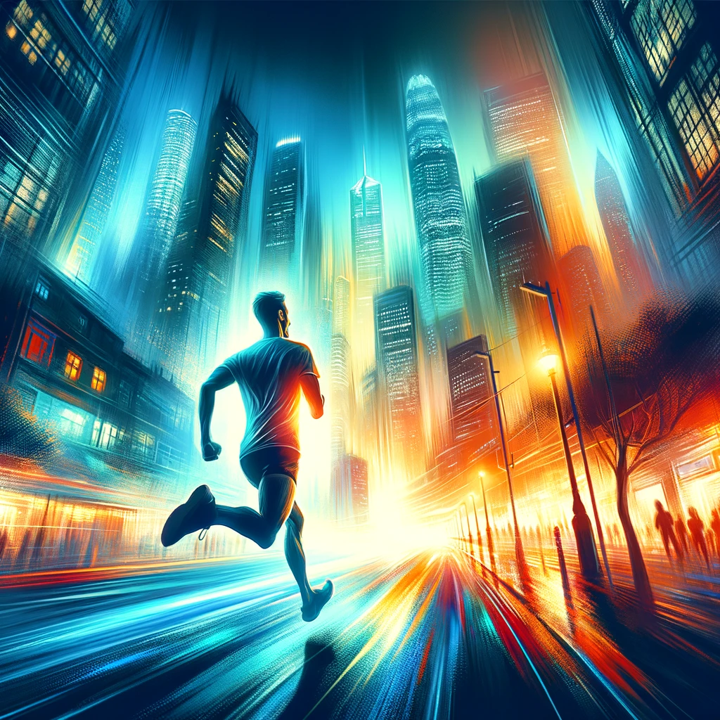 Enjoying running on Fridays when everyone else is going out partying. It captures the essence of finding joy and freedom in running through the city at night, highlighting the contrast between the serene act of running and the bustling nightlife.