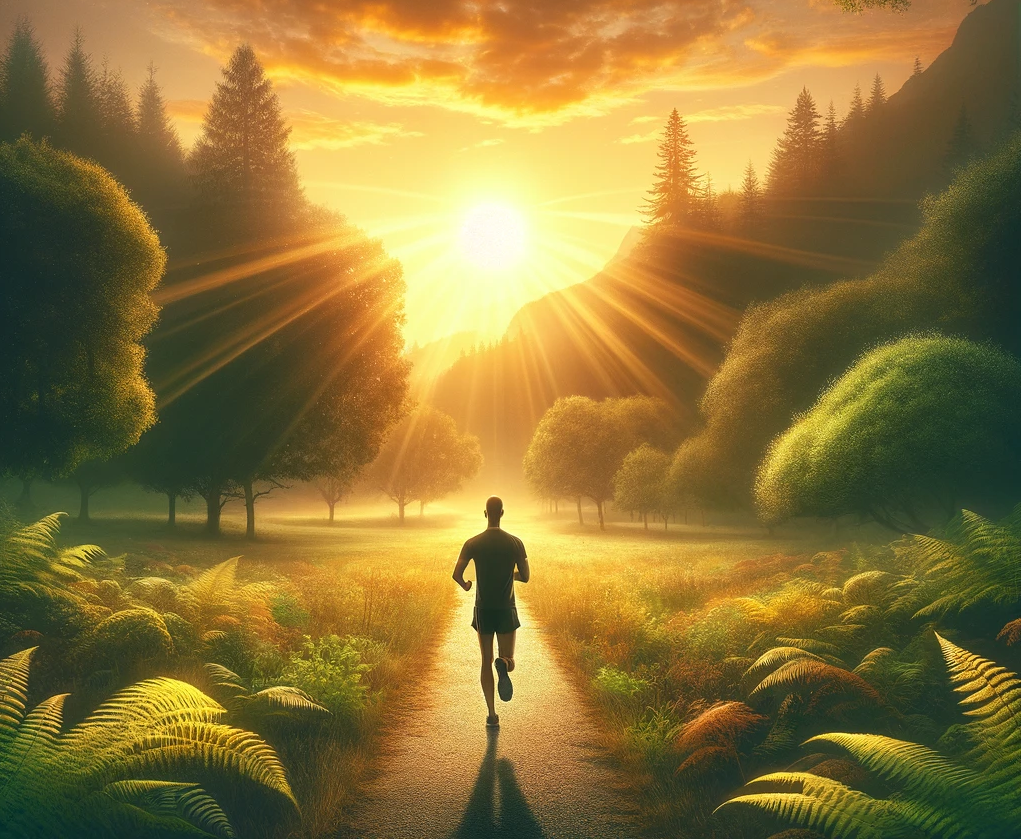 The image visually capturing the essence of combining intermittent fasting and run streaking. It illustrates a serene early morning scene of a runner on a path through a lush landscape, symbolizing the journey towards health and fitness that these practices embody. It aims to inspire and motivate individuals to embrace a holistic approach to wellness, reflecting the synergistic benefits of intermittent fasting and run streaking discussed in the post.