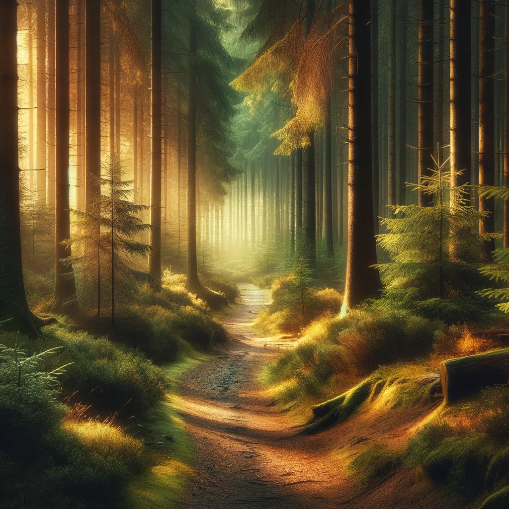 The image is of a serene forest trail at dawn. It captures the tranquility and beauty of the forest, inviting you to imagine embarking on a journey of discovery and rejuvenation.