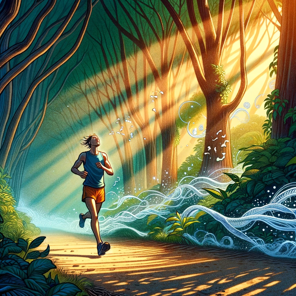 The image illustrates the essence of fully immersing oneself in the sensory experiences of a run, showcasing a deep connection with the natural environment and the profound engagement with the present moment.