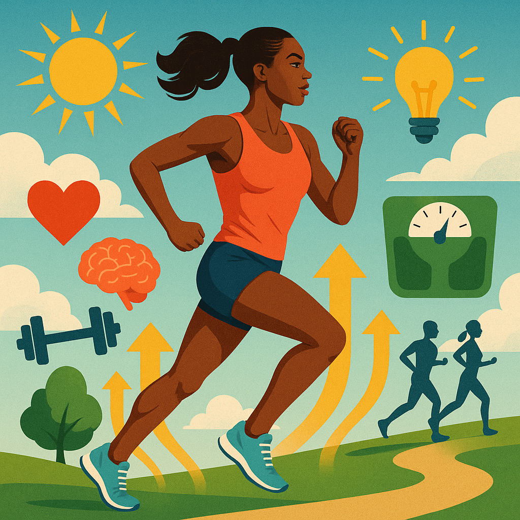 Illustration of a strong female runner sprinting outdoors on a winding path, surrounded by symbolic imagery such as a glowing sun, brain, heart, lightbulb, weight scale, dumbbell, and arrows indicating growth and improvement.